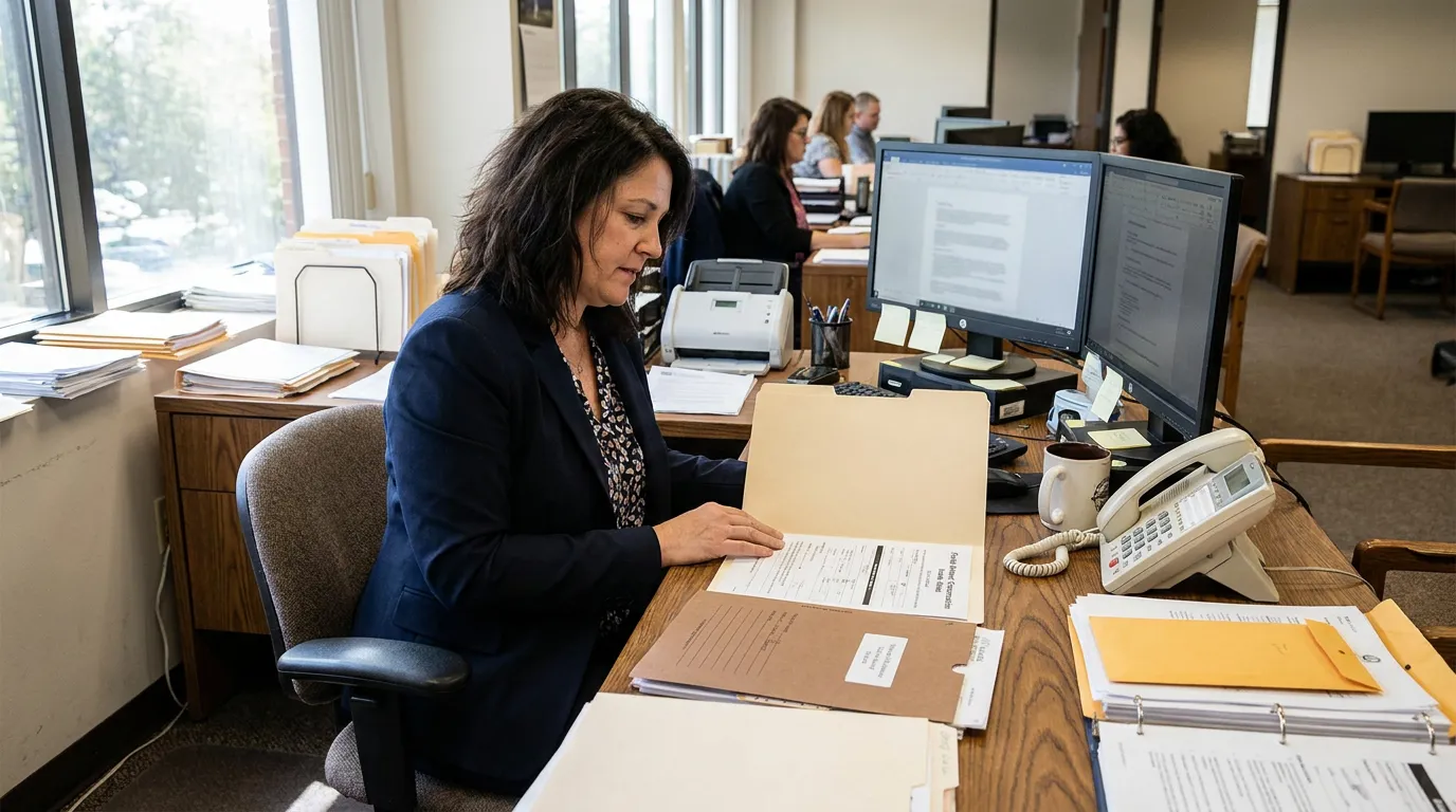 legal professional reviewing open case folder at desk in busy law office