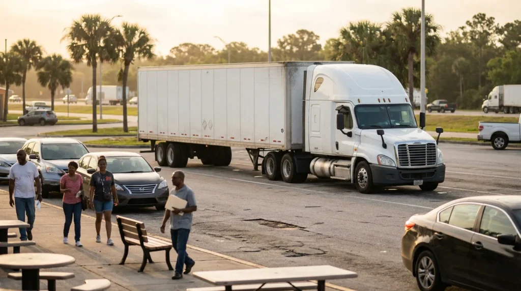large semi-truck navigating busy parking lot near pedestrians and parked vehicles