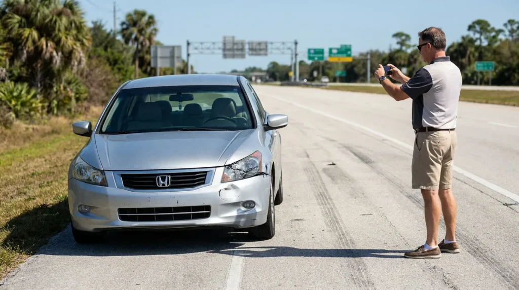 man photographing damaged Honda sedan with front-end collision damage on roadside