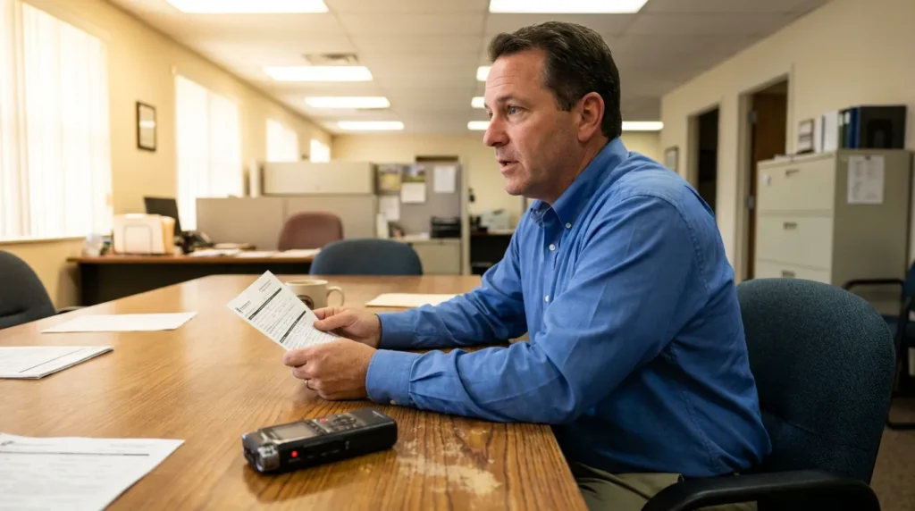 man seated at conference table holding document with voice recorder nearby
