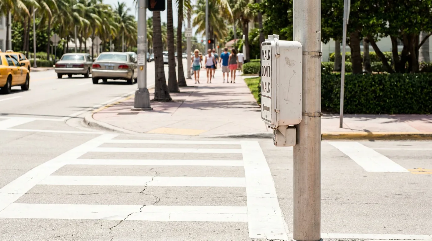 Walk Don't Walk pedestrian signal at urban crosswalk with pedestrians on sidewalk