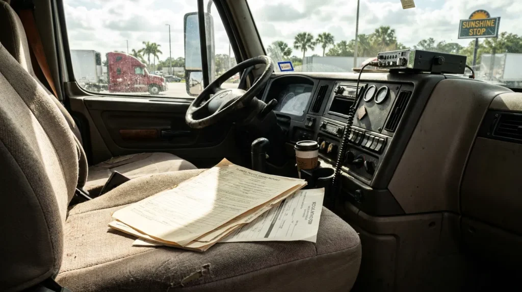 Florida traffic accident report documents resting on commercial truck cab seat