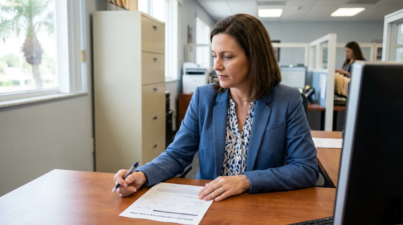 professional woman reviewing workers compensation claim form at office desk
