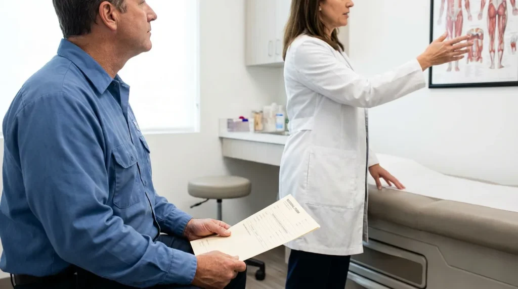 doctor in lab coat pointing to anatomy chart while patient holds medical form