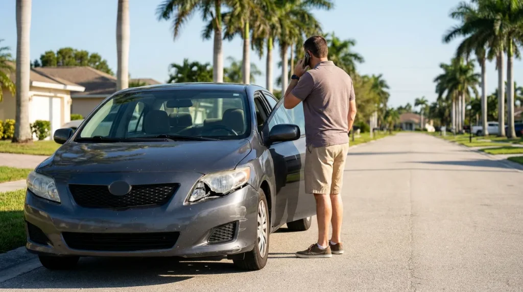 man on phone standing beside sedan with visible front-end collision damage