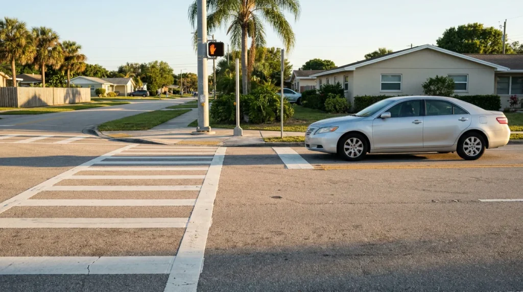 sedan stopped at crosswalk intersection with pedestrian stop signal displayed