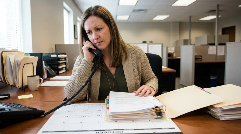 woman on office phone reviewing tabbed legal documents and October calendar