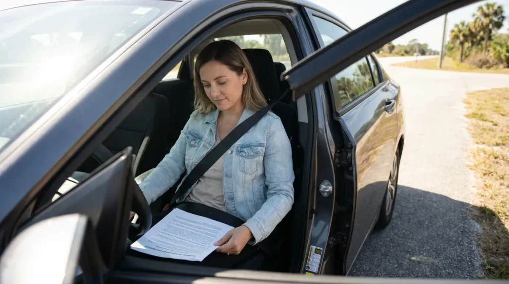 woman seated in car with seatbelt reviewing printed legal document