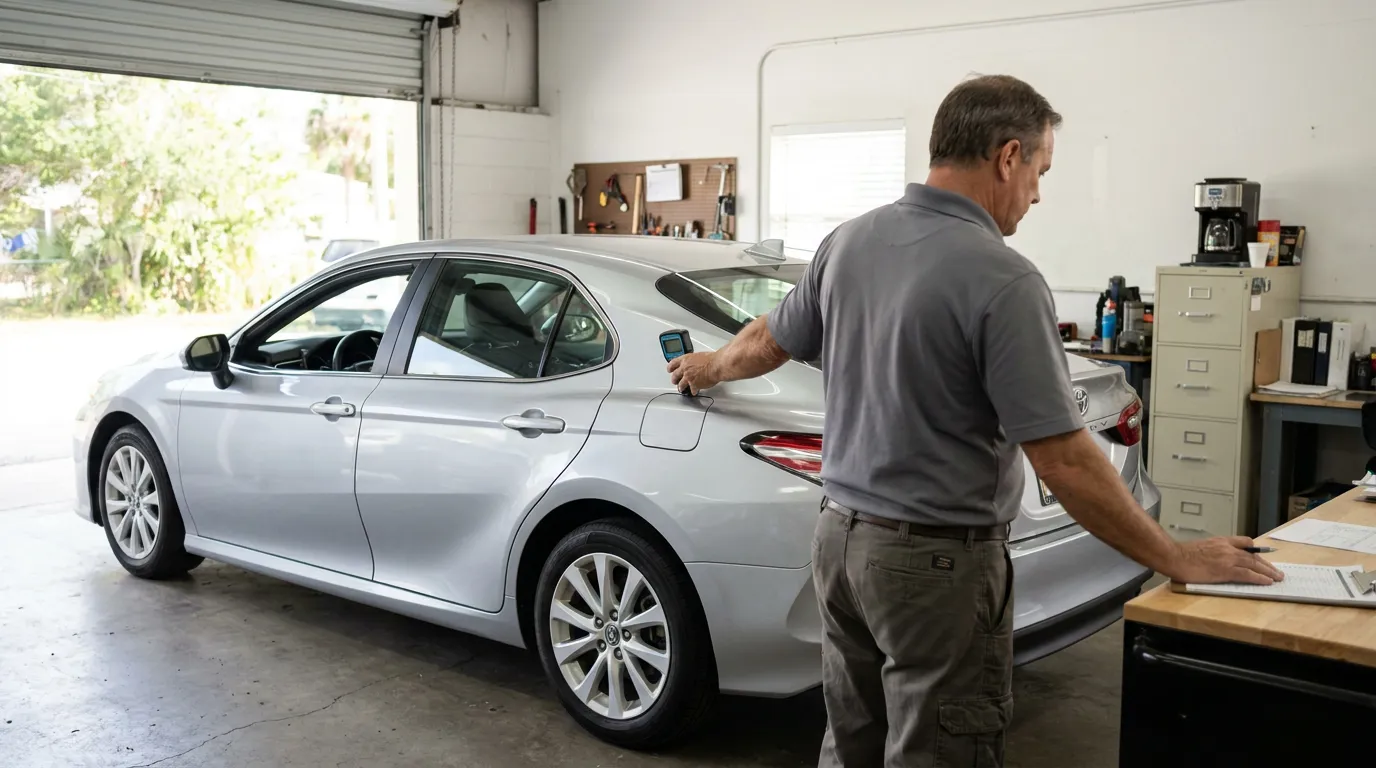 auto inspector scanning sedan body panel with handheld device in repair garage