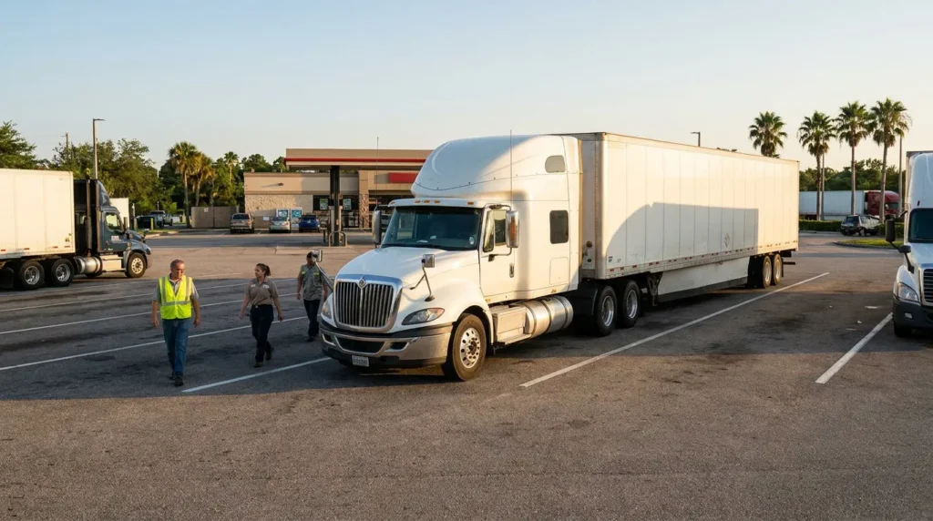 workers walking near parked semi-truck at commercial truck stop lot