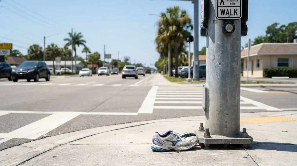 lone sneaker left at pedestrian crosswalk beside WALK signal pole