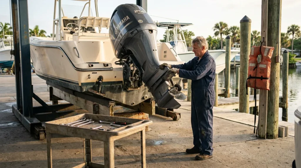 mechanic in coveralls inspecting Yamaha 250 outboard motor on lifted boat at marina dock
