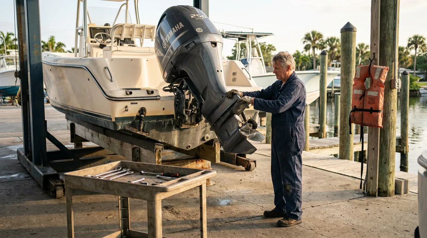 mechanic in coveralls inspecting Yamaha 250 outboard motor on lifted boat at marina dock