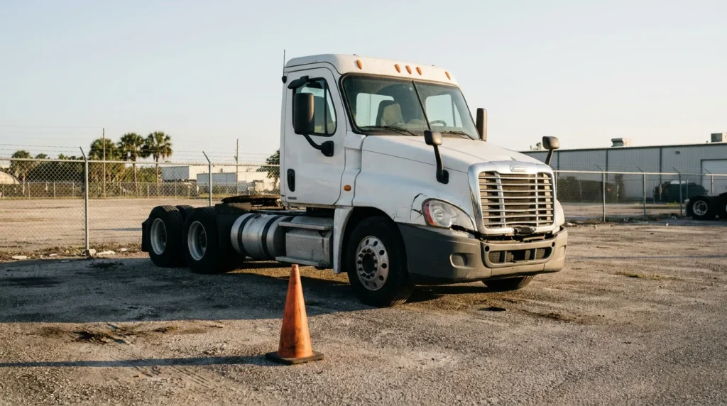 damaged semi-truck cab with front bumper damage parked near traffic cone