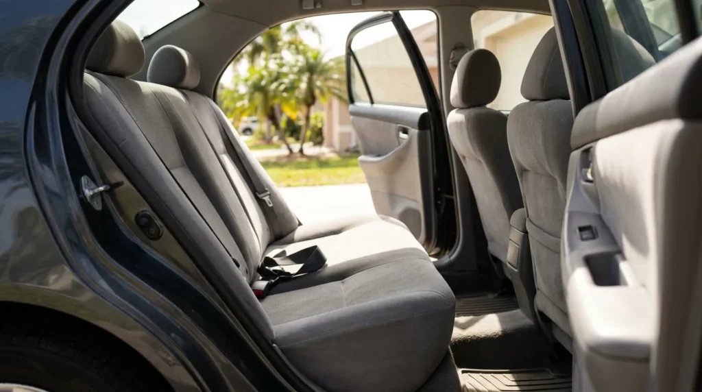 open car rear door revealing empty back seat with unlatched seatbelt