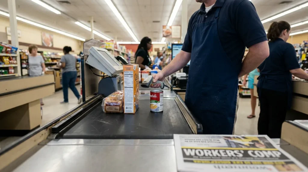 grocery store cashier scanning items on conveyor belt near Workers' Comp pamphlet