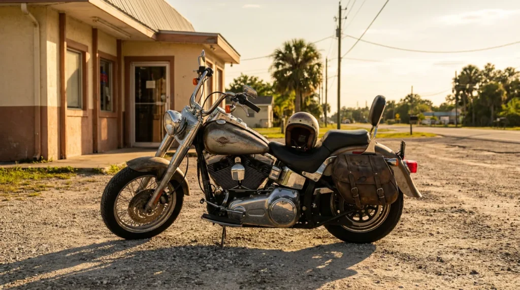 Harley-Davidson cruiser motorcycle with helmet and saddlebags parked on gravel roadside