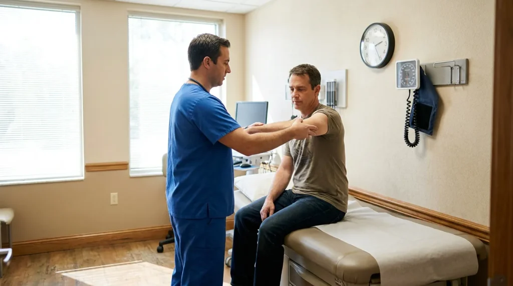 Doctor in scrubs examining patient's arm on exam table in clinic