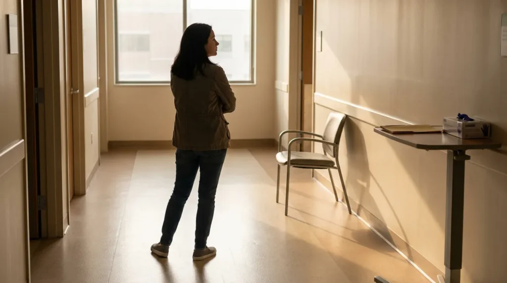 woman standing alone in medical hallway with arms crossed facing window