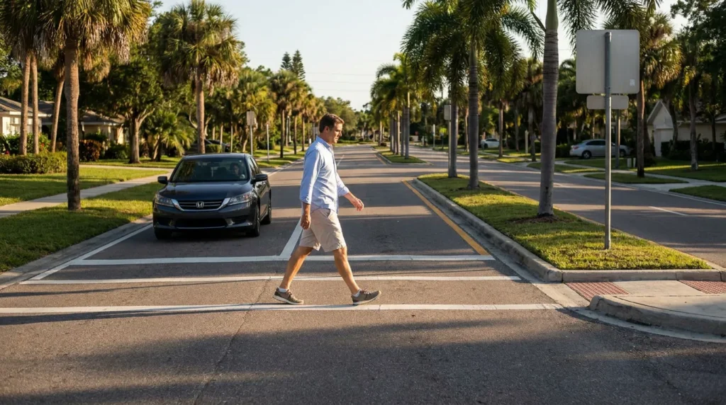 man walking across marked crosswalk on suburban street with car approaching